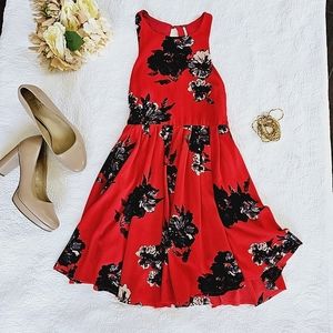 Free People Women's Dress Size 4 Red Black Cream Floral Fit & Flare Mini Party